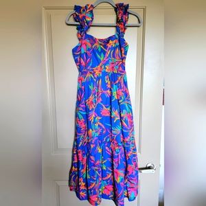 NWT Jcrew Squareneck Midi Dress, BK520, size 0, Brilliant Dark Blue Peony